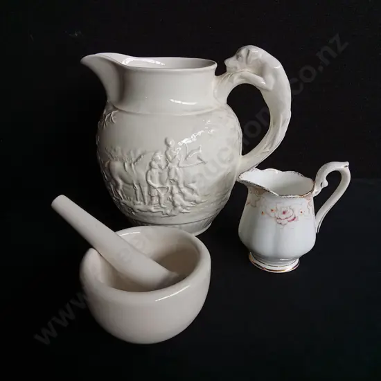 VINTAGE WEDGEWOOD DEVONSHIRE CREAMEARE HUNTING PITCHER, FINE PORCELAIN ROSE CREAMER, AND CERAMIC MORTAR AND PESTLE
