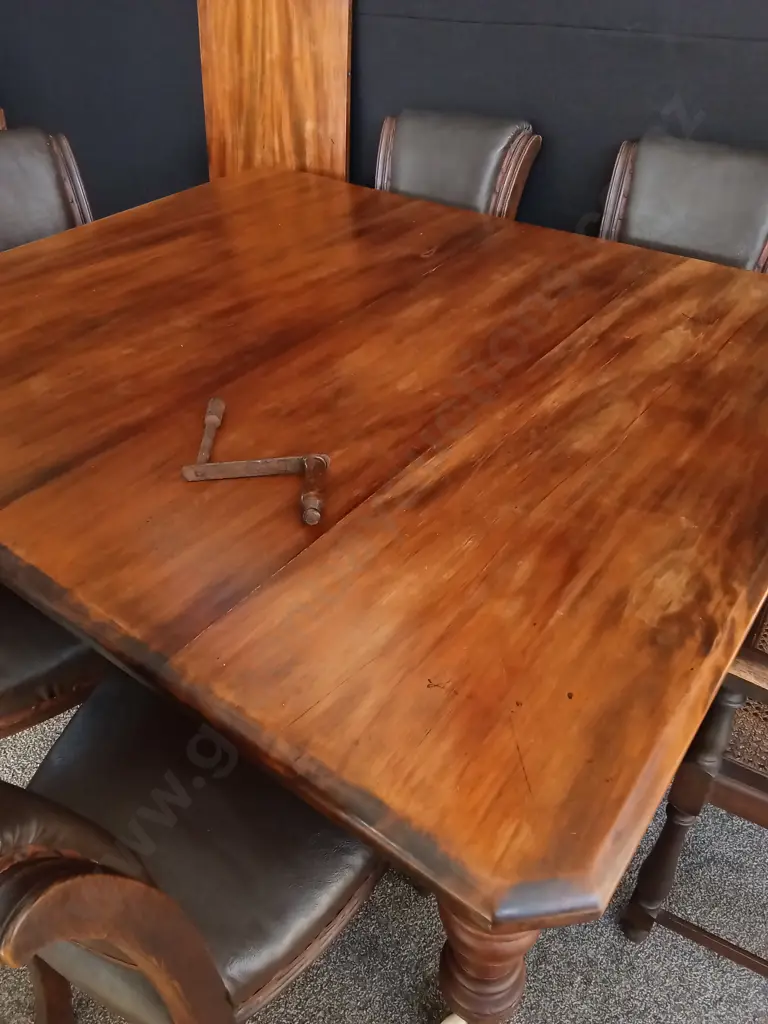 WOODEN EXTENDABLE TABLE WITH WHEELS AND 6 CHAIRS, INCLUDING ANTIQUE ARMCHAIR, EXTENDED MEASUREMENTS - L1.98M D1.3M H76CM Image 1++