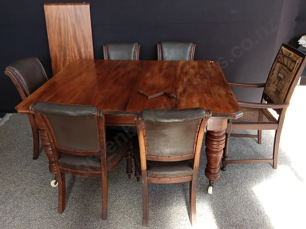 WOODEN EXTENDABLE TABLE WITH WHEELS AND 6 CHAIRS, INCLUDING ANTIQUE ARMCHAIR, EXTENDED MEASUREMENTS - L1.98M D1.3M H76CM Image 1++