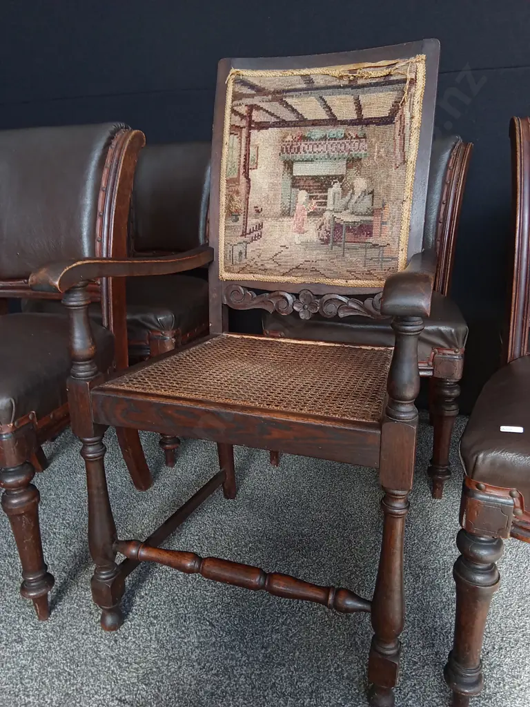 WOODEN EXTENDABLE TABLE WITH WHEELS AND 6 CHAIRS, INCLUDING ANTIQUE ARMCHAIR, EXTENDED MEASUREMENTS - L1.98M D1.3M H76CM Image 1++
