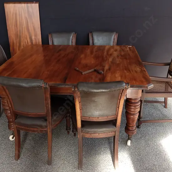 WOODEN EXTENDABLE TABLE WITH WHEELS AND 6 CHAIRS, INCLUDING ANTIQUE ARMCHAIR, EXTENDED MEASUREMENTS - L1.98M D1.3M H76CM