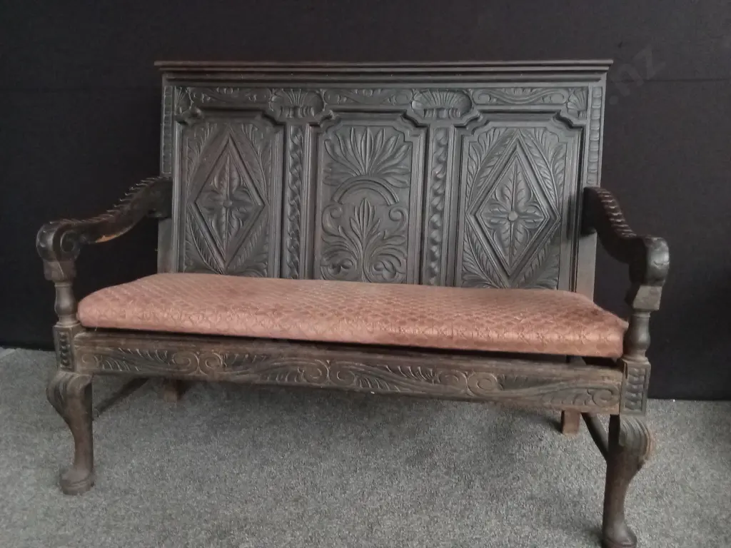 ANTIQUE JACOBEAN REVIVAL CARVED WOOD HALL BENCH, H 1.12 M Image 1++
