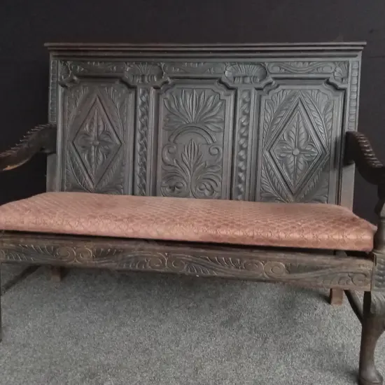 ANTIQUE JACOBEAN REVIVAL CARVED WOOD HALL BENCH, H 1.12 M