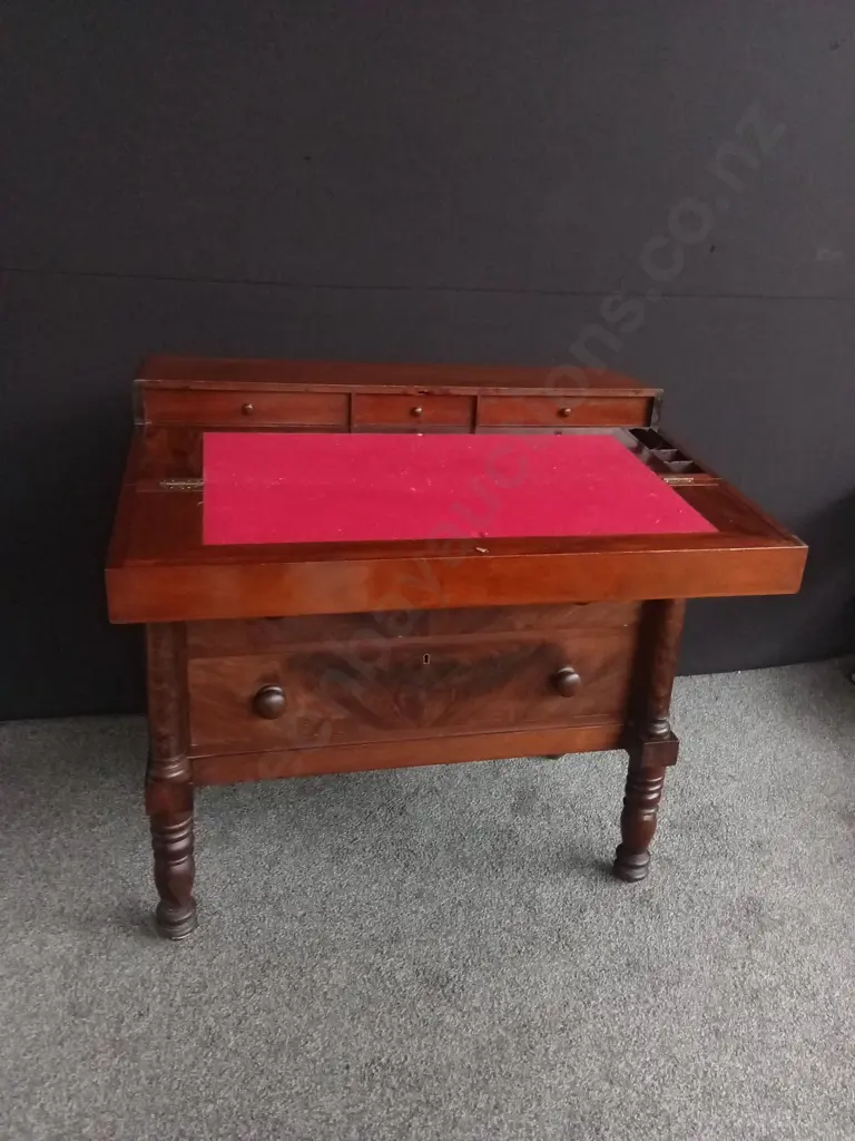 ANTIQUE AMERICAN EMPIRE FLAME MAHOGANY SECRETARY DESK, H 92 CM X W 52 CM X D OPEN 73 CM Image 1++