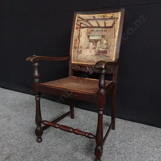 ANTIQUE ARMCHAIR WITH TASPESTRY UPHOLSTERED BACKREST