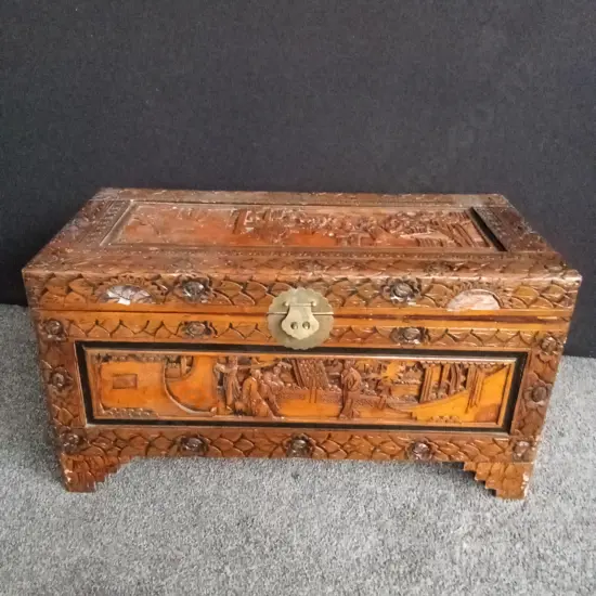 WOODEN CARVED CHEST L88CM H46CM D42CM