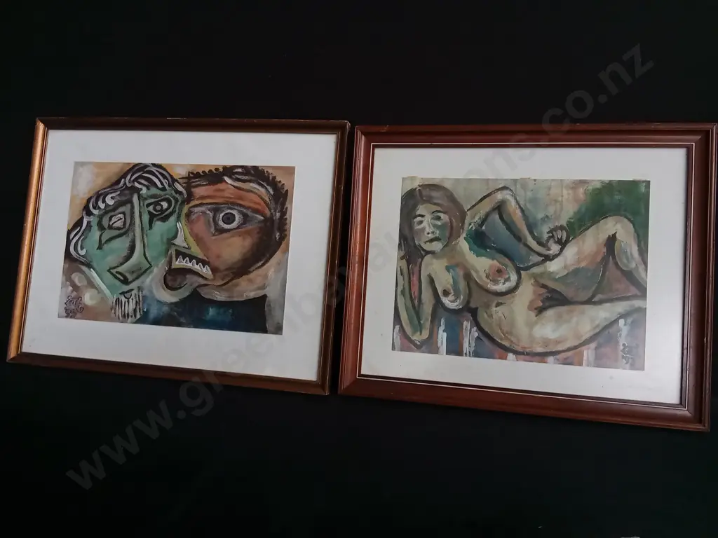 PAIR OF ORIGINAL SIGNED MAY IREMONGER MODERNIST PAINTINGS, "CONSPIRACY" 1995 AND "TIME OUT" 1993. FRAMED. Image 1++