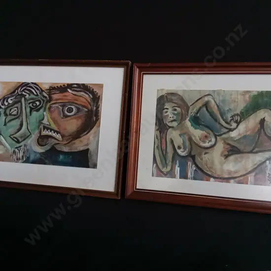 PAIR OF ORIGINAL SIGNED MAY IREMONGER MODERNIST PAINTINGS, "CONSPIRACY" 1995 AND "TIME OUT" 1993. FRAMED.