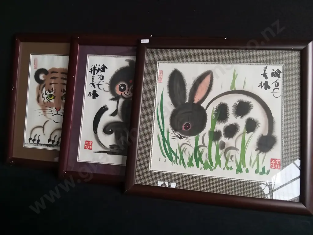 SET OF 3 VINTAGE HAN MEILIN CHINESE ZODIAC FRAMED ART PRINTS Image 1++