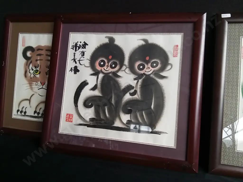 SET OF 3 VINTAGE HAN MEILIN CHINESE ZODIAC FRAMED ART PRINTS Image 1++
