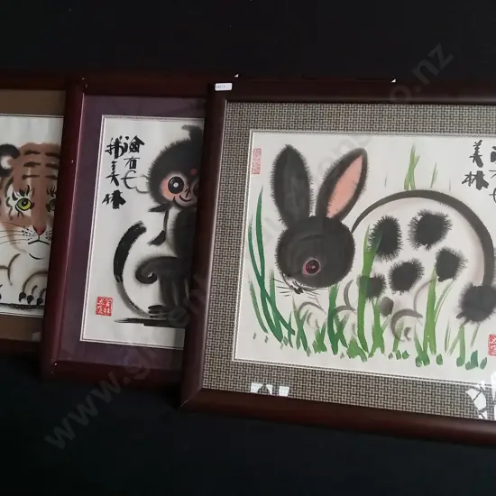 SET OF 3 VINTAGE HAN MEILIN CHINESE ZODIAC FRAMED ART PRINTS