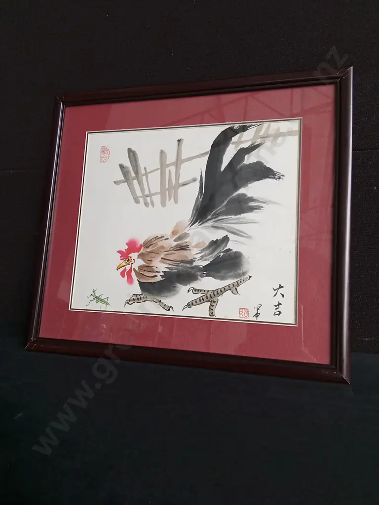 TRADITIONAL INK WASH PAINTING, ROOSTER AND MANTIS, FRAMED Image 1++