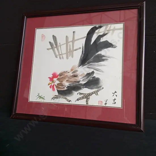 TRADITIONAL INK WASH PAINTING, ROOSTER AND MANTIS, FRAMED