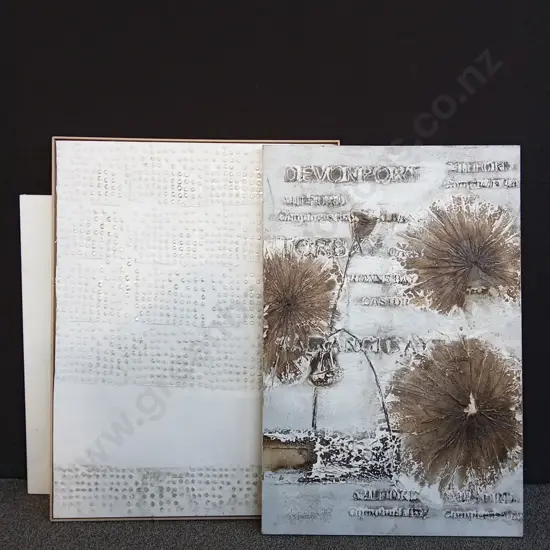 2 PIECES OF CANVAS AT AND 1 BLANK CANVAS WITH SMALL DAMAGE