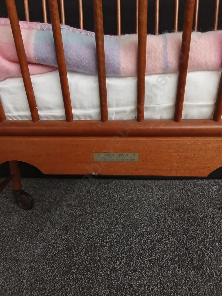 VINTAGE MID CENTURY LALOLI WOODEN BASSINET/ COT, 1960S NZ MADE. H 74 CM X W 85 CM X D 45 CM Image 1++