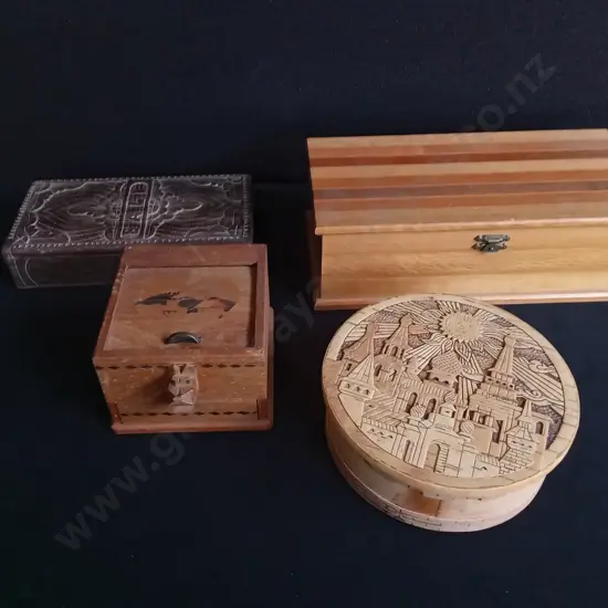 4 PIECES HANDCRAFTED WOODEN TRINKET BOXES, INCLUDING JAPANESE PUZZLE BOX