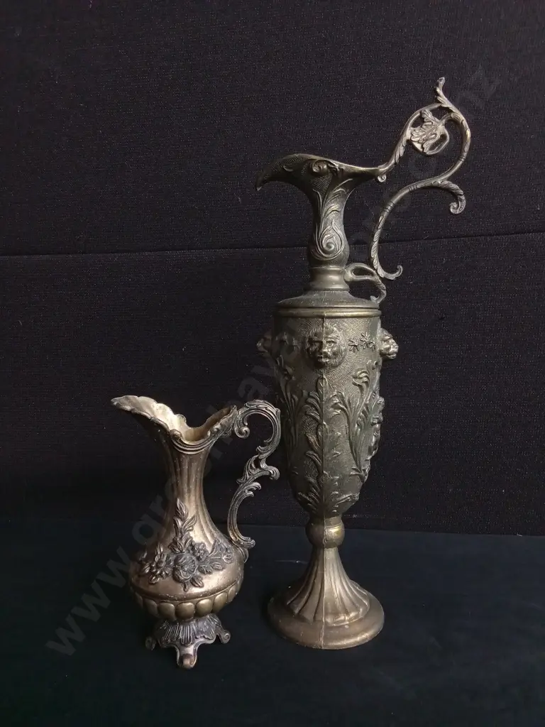 PAIR OF VINTAGE ITALIAN PEWTER EWER VASES, 95% PELTRATO ROCOCO DECOR, TALLEST H 40 CM Image 1++