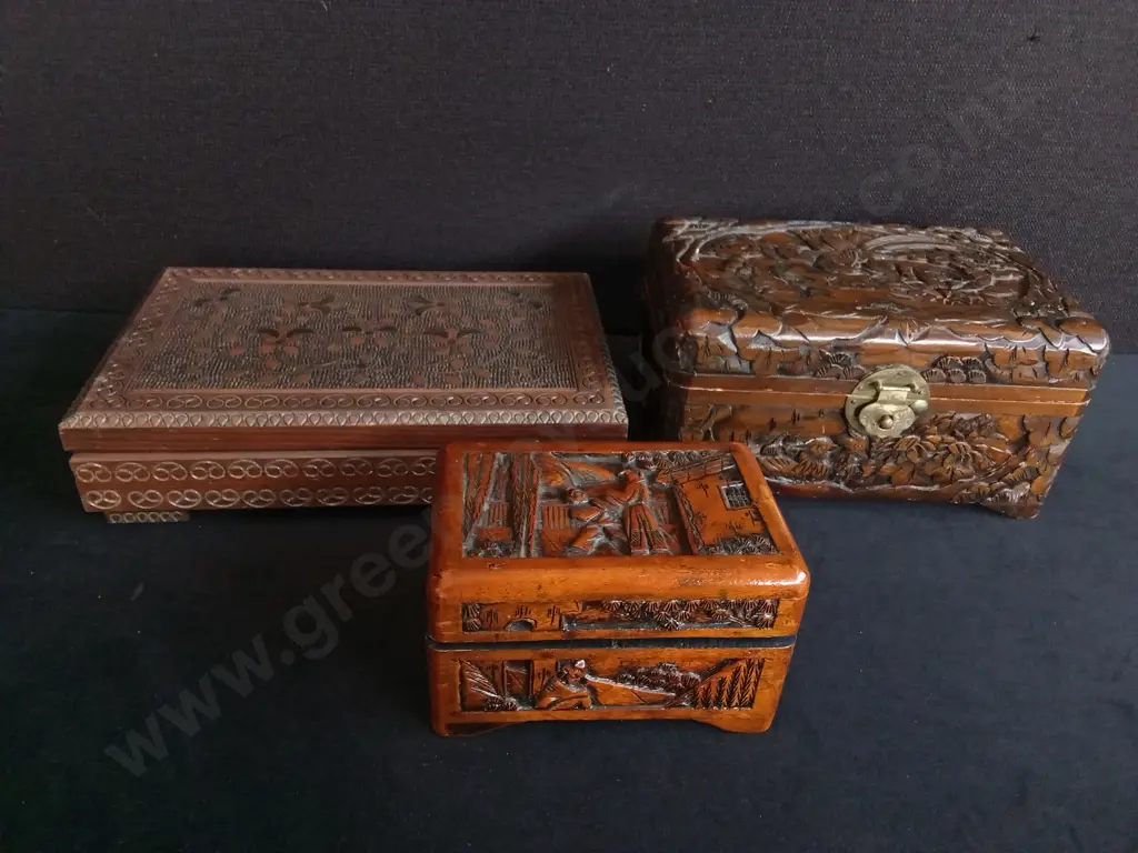 3 PIECES VINTAGE ASIAN CARVED TRINKET JEWELLERY BOXES Image 1++