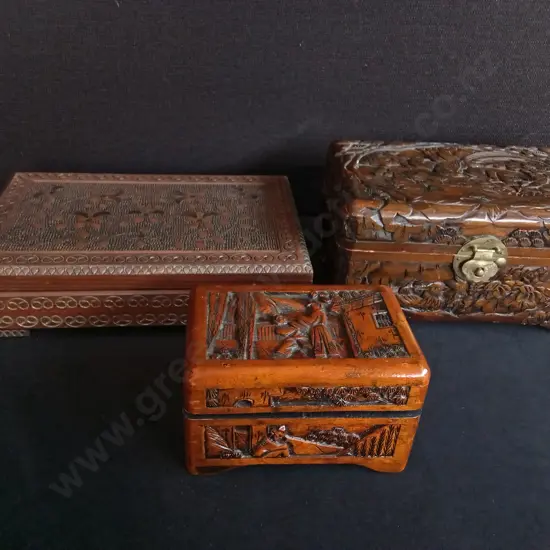 3 PIECES VINTAGE ASIAN CARVED TRINKET JEWELLERY BOXES