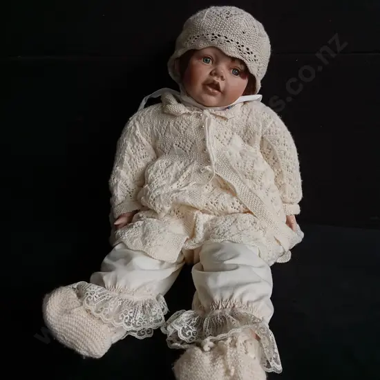 VINTAGE BISQUE PORCELAIN BABY DOLL IN HAND KNIT ENSEMBLE, H 60 CM