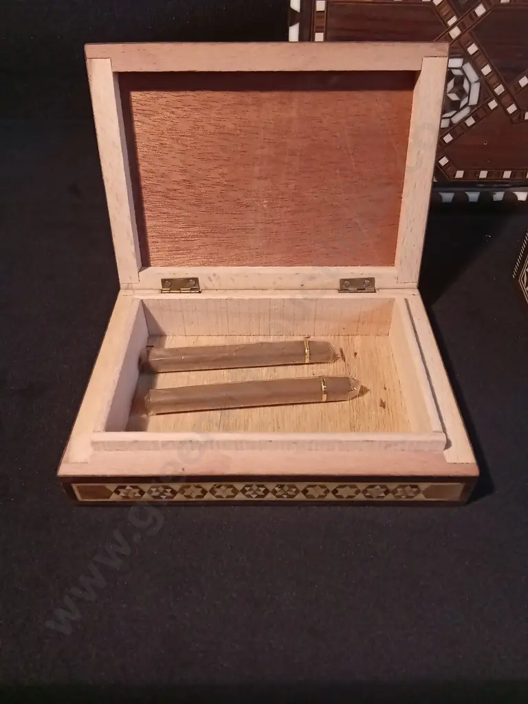 3 VINTAGE MARQUETRY WOOD BOXES, MIDDLE EASTERN KHATAM INLAY AND MECHANICAL CIGARETTE DISPENSER Image 1++