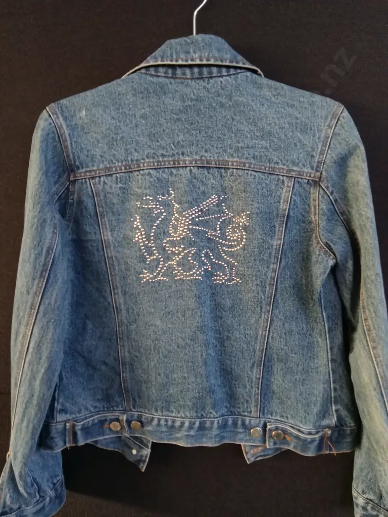 PAIR OF DENIM JACKETS WITH BEDDAZLED WELSH DRAGON ON BACK, SIZE 8 AND 18 Image 1++