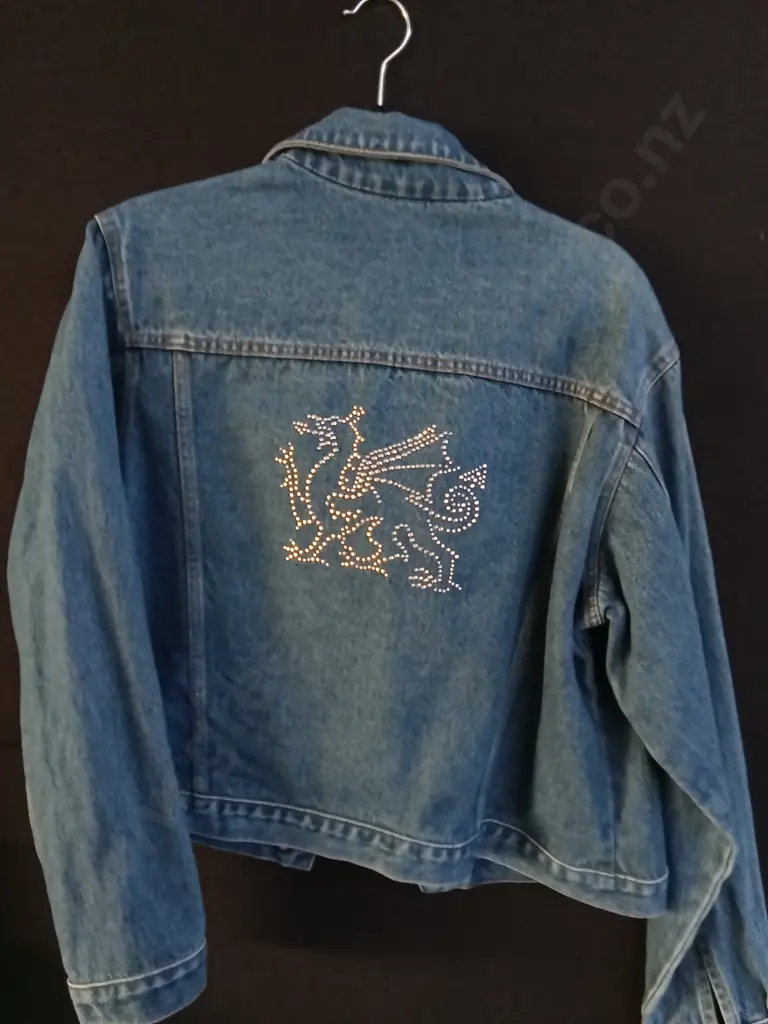 PAIR OF DENIM JACKETS WITH BEDDAZLED WELSH DRAGON ON BACK, SIZE 8 AND 18 Image 1++