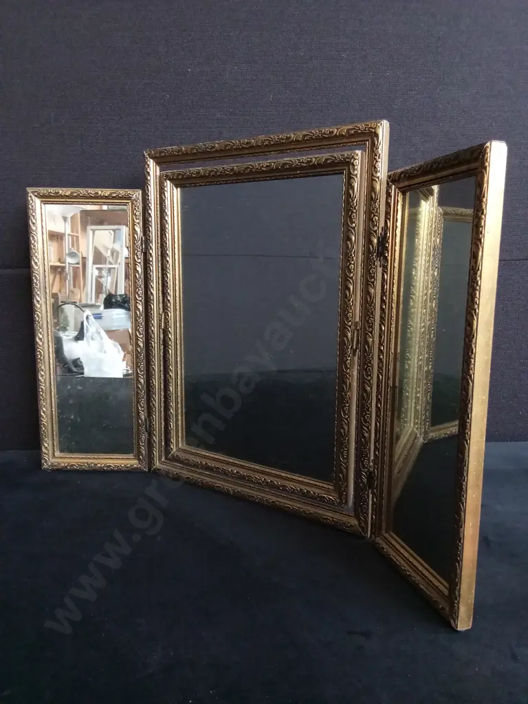 VINTAGE GILDED TRIPTYCH VANITY MIRROR, ROCOCO STYLE, H 45 CM Image 1++