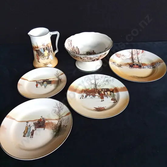 6 PIECES VINTAGE RISK DOULTON "COACHING DAYS" DINNERWARE