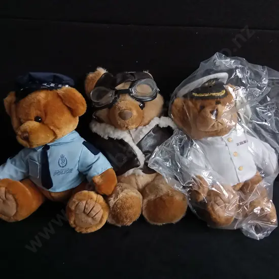 3 SERVICE UNIFORM TEDDY BEARS, ONE PACKAGED