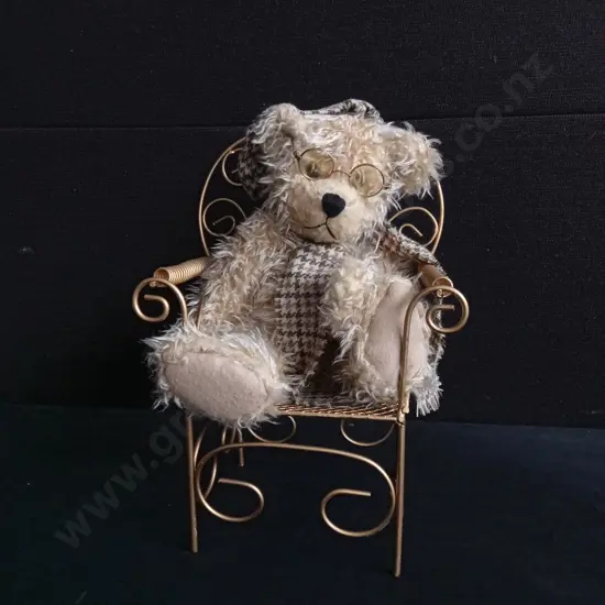 VINTAGE BUKOWSKI DESIGN TEDDY BEAR "EUGEN J." WITH MINIATURE WIRE CHAIR
