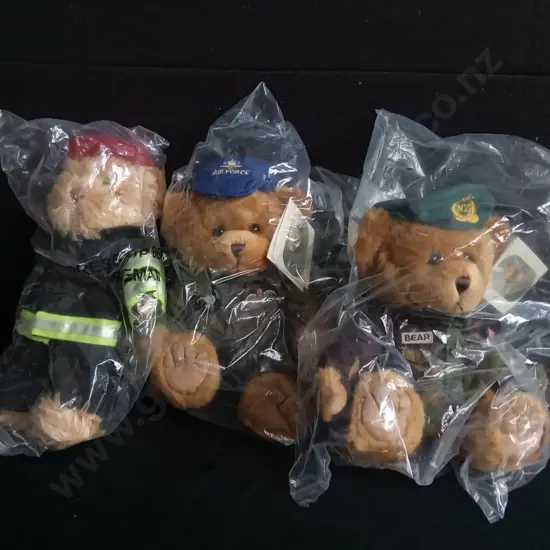 3 SERVICE UNIFORM TEDDY BEARS, BRAND NEW IN PACKAGING