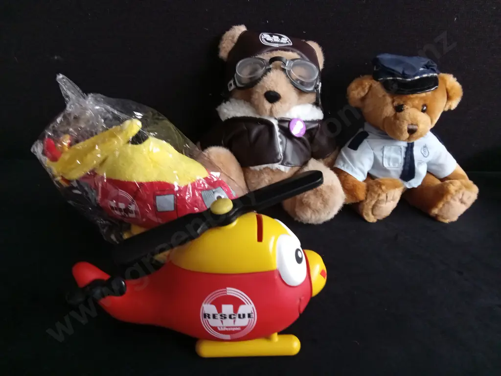 AUCKLAND RESCUE HELICOPTER TRUST TEDDY BEARS AND HELICOPTER TOY/ PIGGY BANK Image 1++