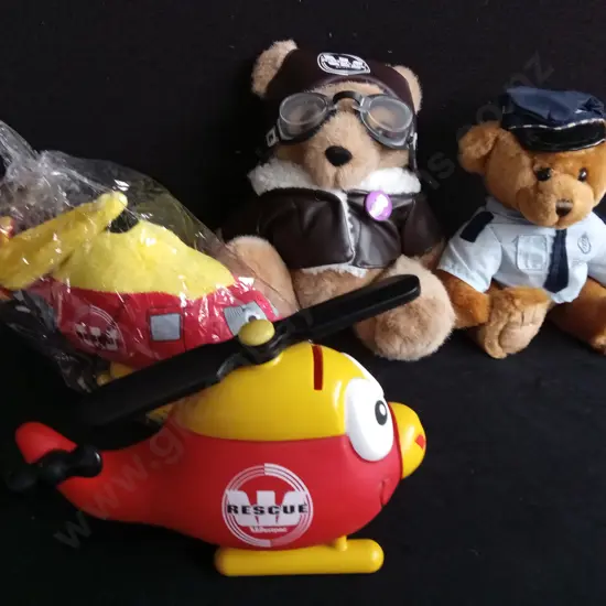 AUCKLAND RESCUE HELICOPTER TRUST TEDDY BEARS AND HELICOPTER TOY/ PIGGY BANK