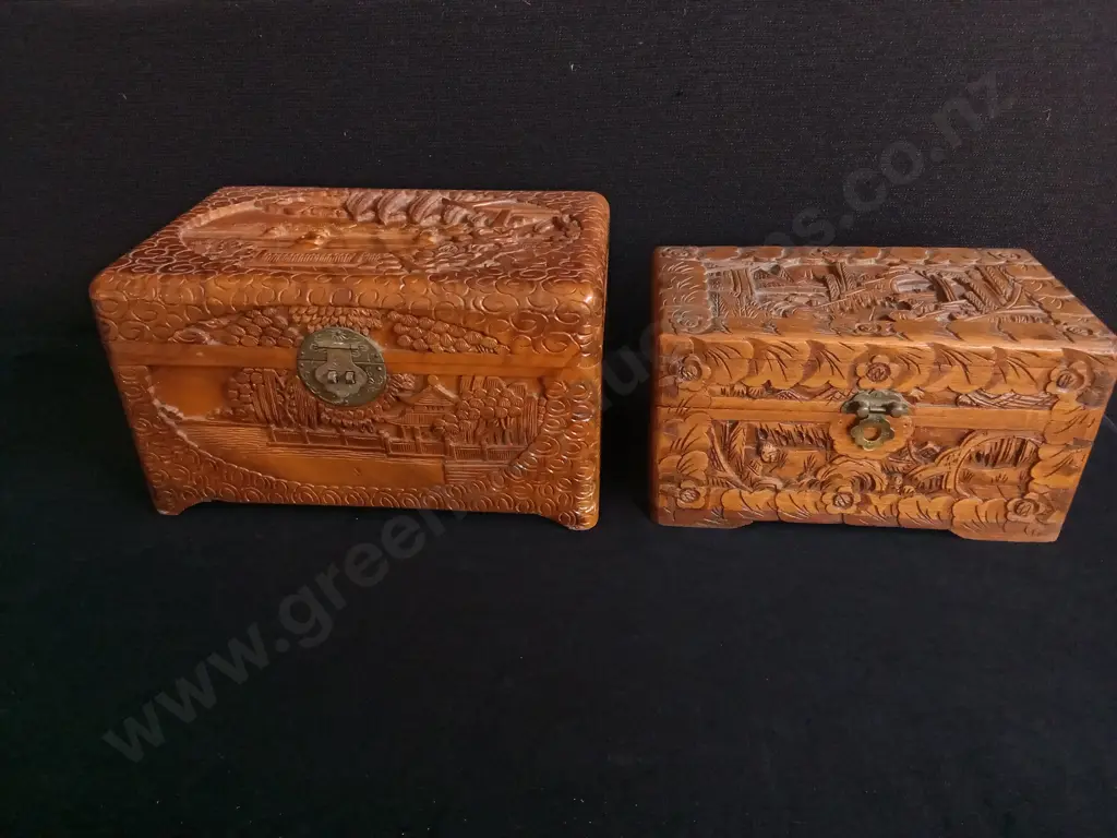 VINTAGE CHINESE HAND CARVED CAMPHOR WOOD JEWELLERY BOXES Image 1++