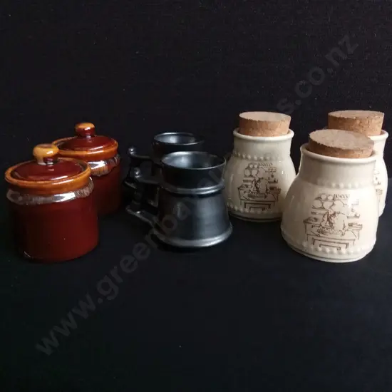 VINTAGE CROWN LYNN SPICA JARS, MINIATURE TANKARDS, AND GLAZED CRUET SET. 7 PIECES