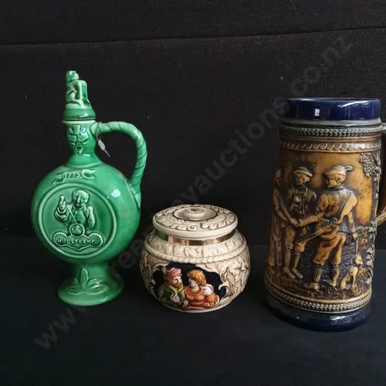 VINTAGE GERMAN CERAMIC BARWARE, GREEN DECANTER, BEER STEIN AND LIDDED POT