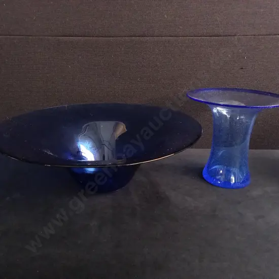 BLUE GLASS VASE AND BOWL
