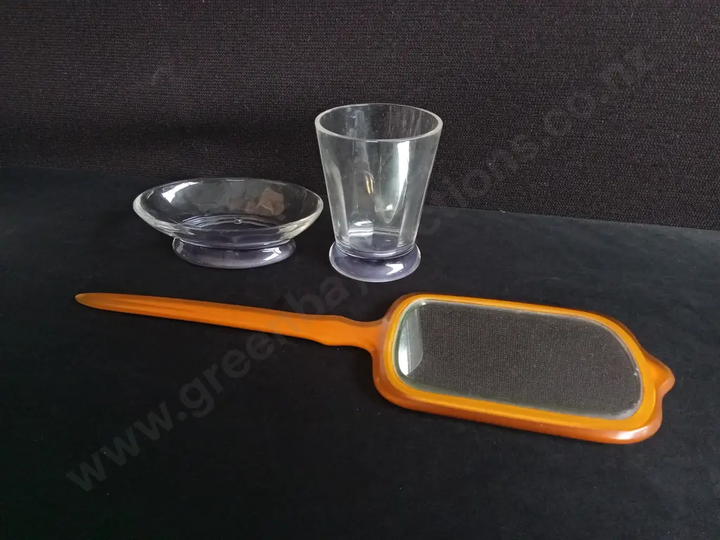 3 PIECES VINTAGE BATHROOM ITEMS, PLASTIC SOAP DISH AND CUP, AND ART DECO CELLULOID HAND MIRROR Image 1++