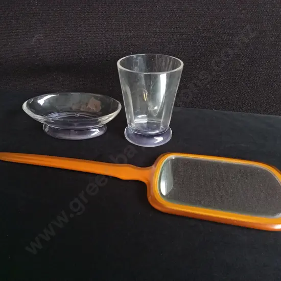 3 PIECES VINTAGE BATHROOM ITEMS, PLASTIC SOAP DISH AND CUP, AND ART DECO CELLULOID HAND MIRROR