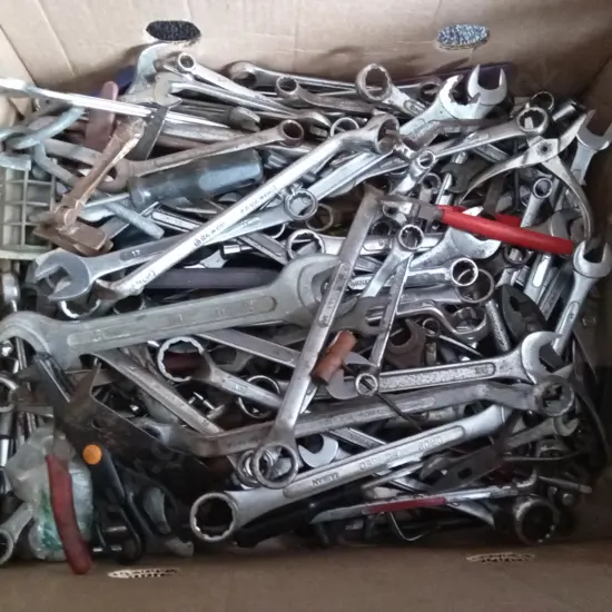 BOX OF HAND TOOLS AND HARDWARE