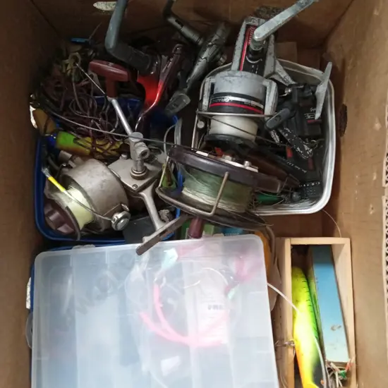 BOX OF FISHING GEAR