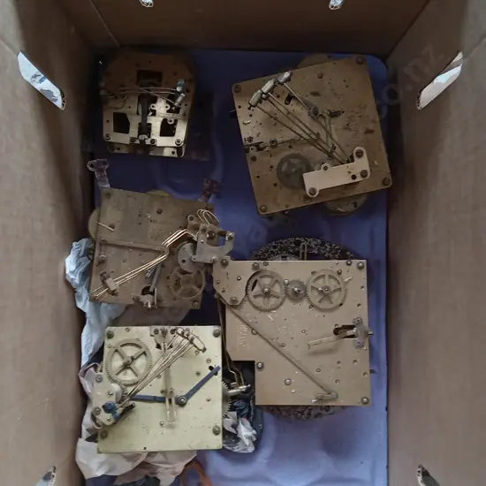 BOX OF ANTIQUE MANTEL AND GRANDFATHER CLOCK MOVEMENTS
