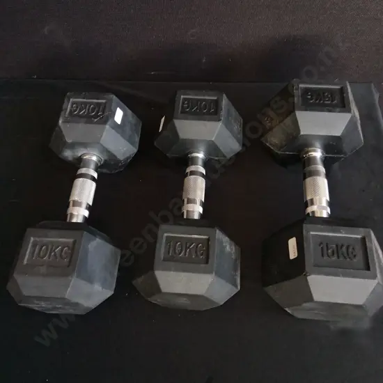 3 DUMBBELLS, 10 KGS AND 15 KGS
