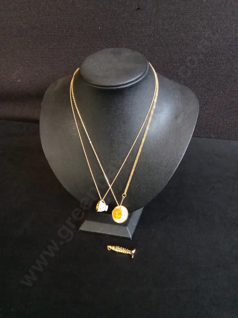 3 PIECES, TEACUP NECKLACES AND FISH PENDANT, GOLD TONED Image 1++