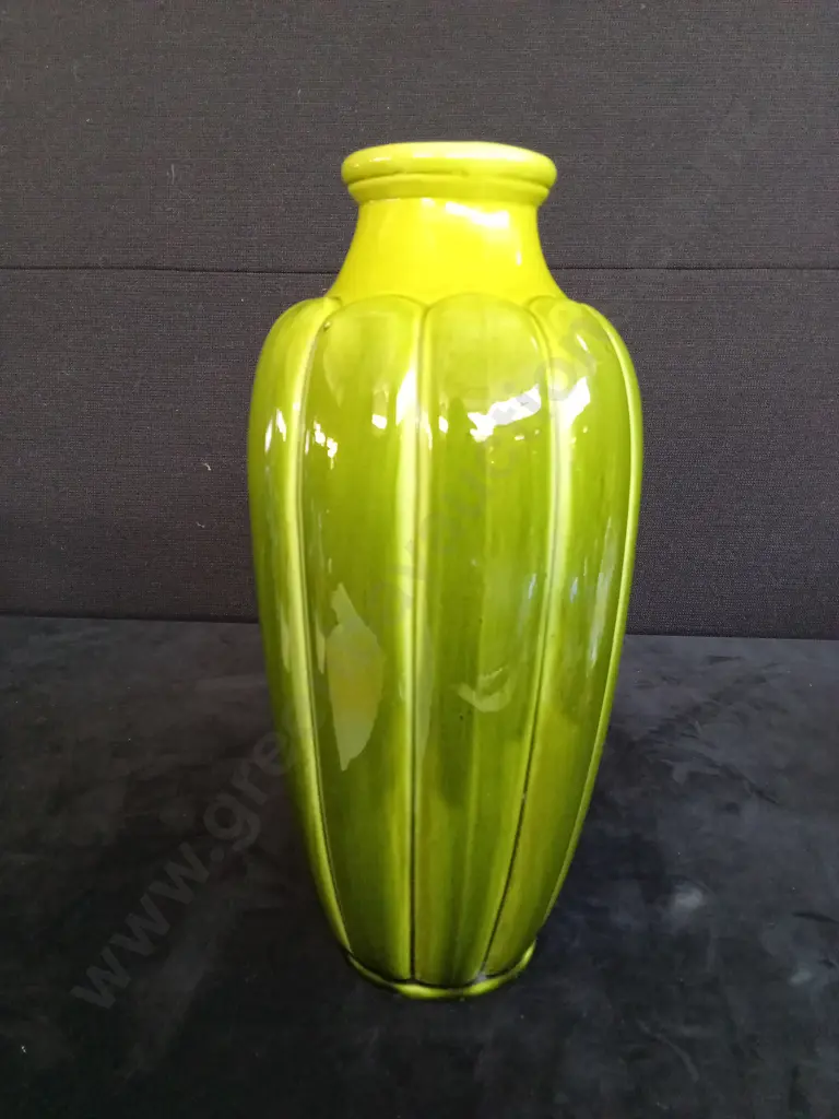 GREEN VASE WITH A LUSTRE GLAZE H31CM , BESWICK ART DECO JUG H10CM AND A CRAFT POTTERIES ADELAAR MILK JUG H13CM Image 1++