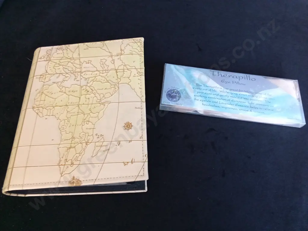 PHOTO ALBUM CONTAINING VINTAGE POST CARDS AND A THERAPILLO EYE PILLOW Image 1++