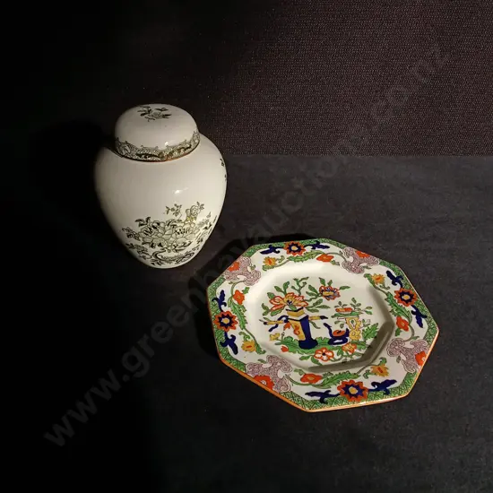 VINTAGE STAFFORDSHIRE CHINOISERIE PAIR, MASON'S IRONSTONE OCTAGONAL PLATE AND CROWN DEVON GINGER JAR