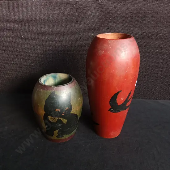 PAIR OF VINTAGE HAND PAINTED WOODEN VASES, TALLEST H 25.5 CM