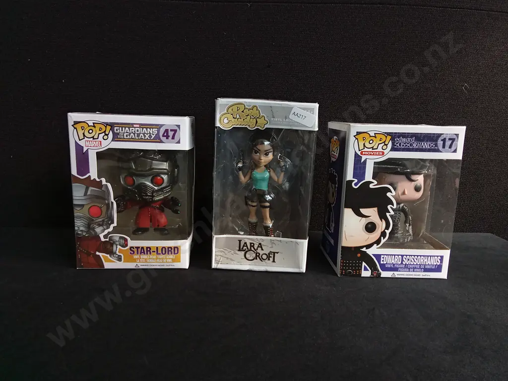 3 PIECES BOXED FUNKO, GUARDIANS OF THE GALAXY STAR-LORD, EDWARD SCISSORHANDS, ROCK CANDY LARA CROFT Image 1++